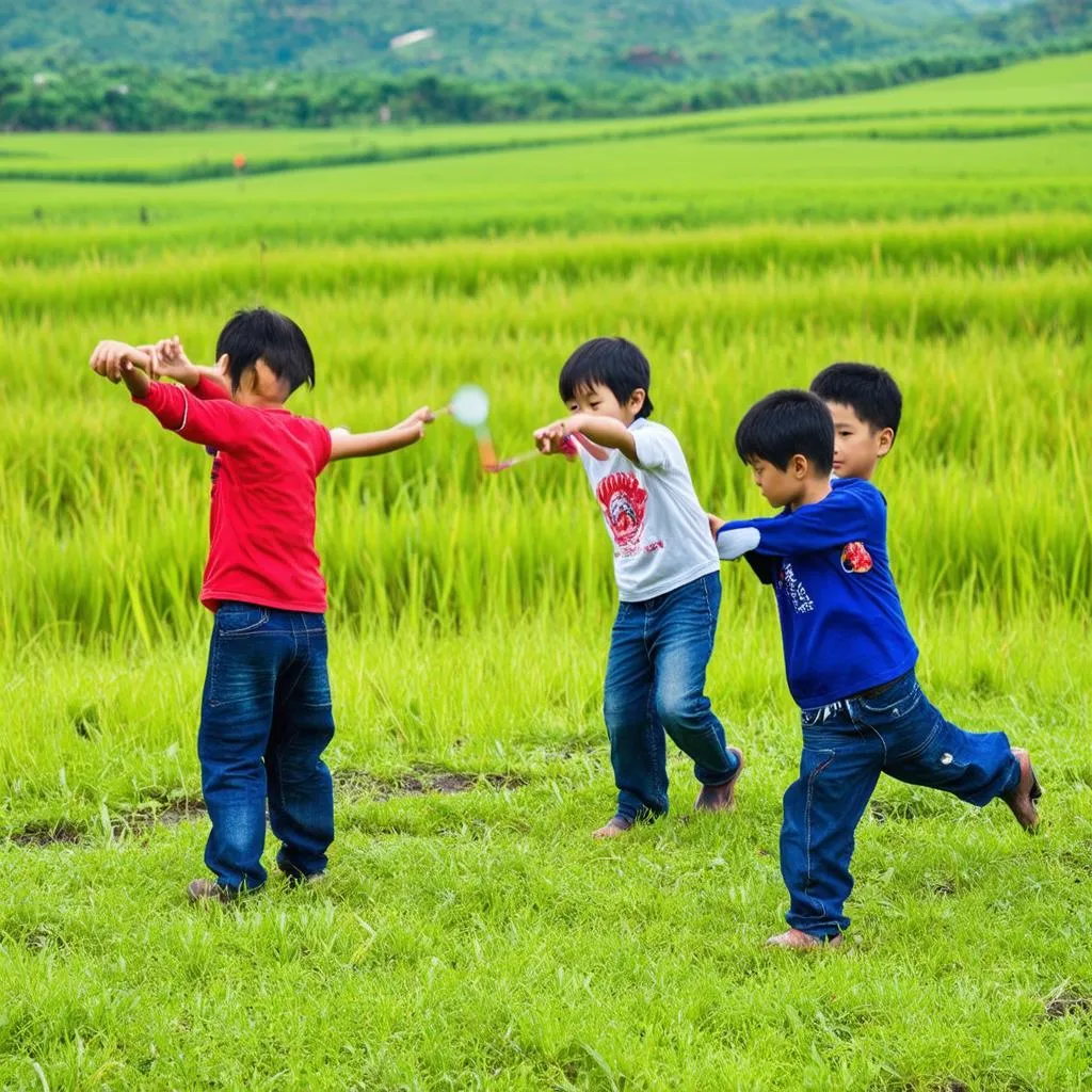 Trẻ em chơi trò chơi đi cầu kiều trên nền quê hương