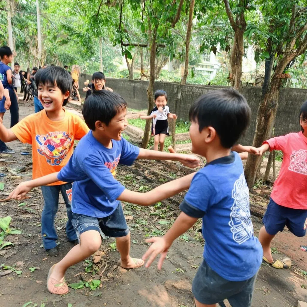 Trẻ em chơi trò chơi đi cầu kiều