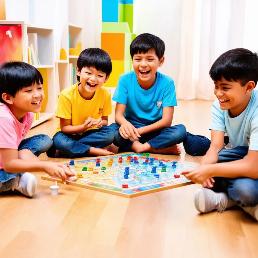 Group of children playing board game