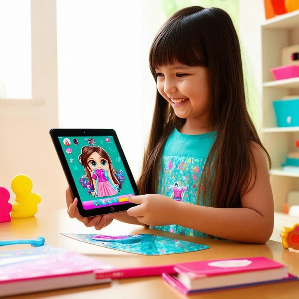 Girl playing dress-up game on tablet