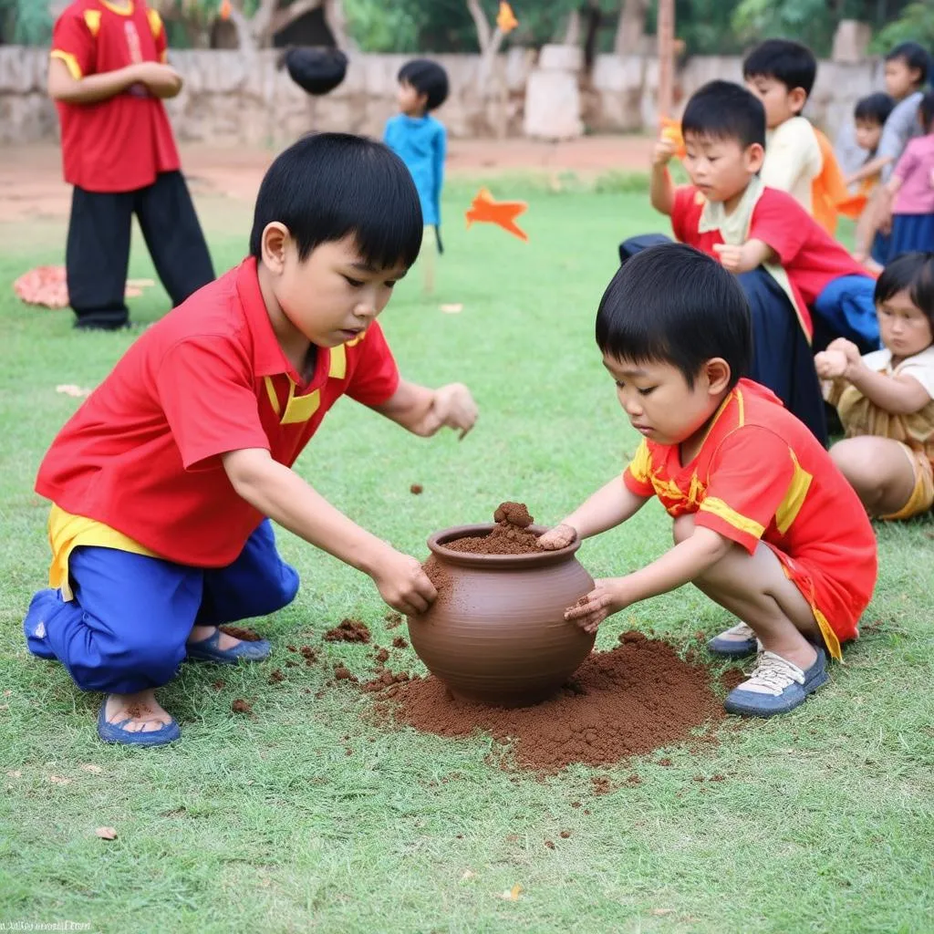 Trẻ em chơi đập niêu ngày Tết Trung Thu