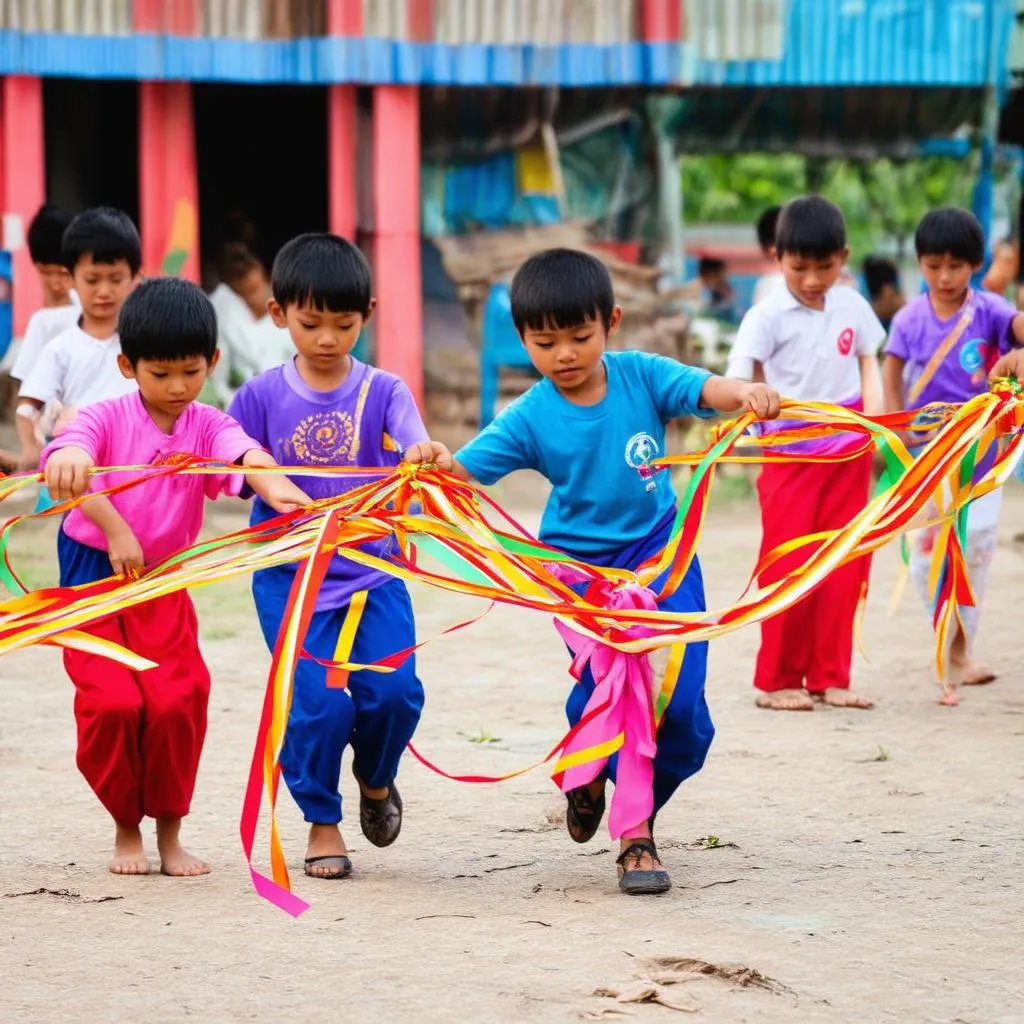 Trẻ em chơi tung cầu bắt bướm