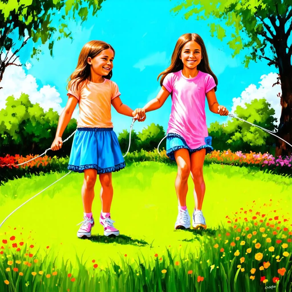 Two girls playing jump rope with a colorful background