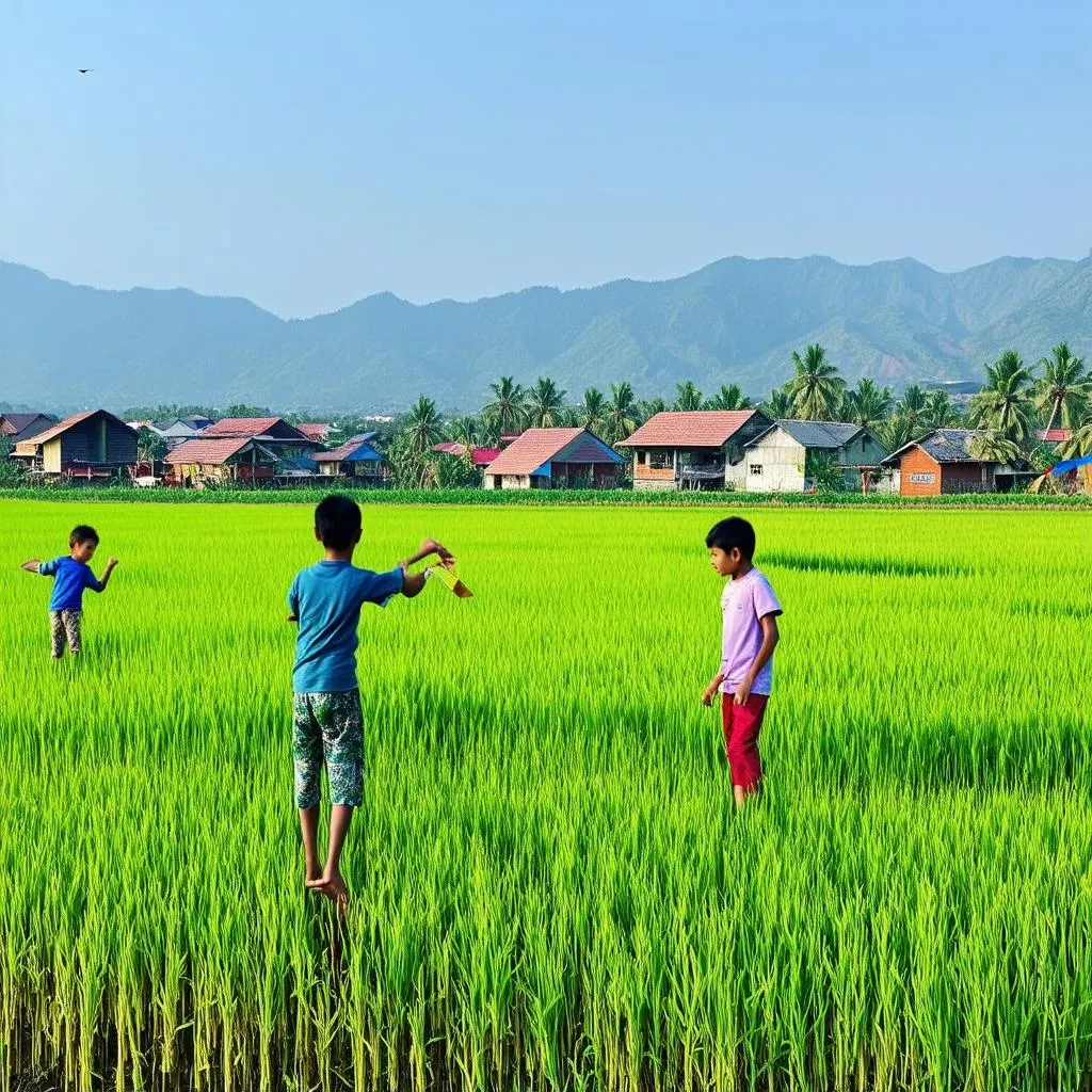 Vẽ tranh thả diều phong cảnh nông thôn