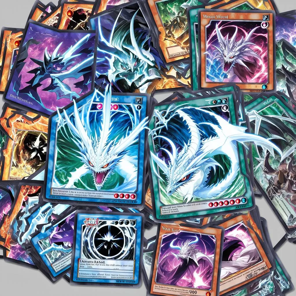 Hình ảnh những lá bài Yugioh được trải rộng ra với các quái thú được triệu hồi