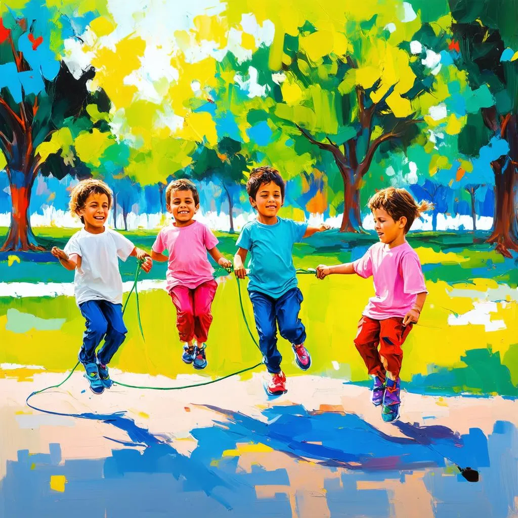 Children joyfully participating in a traditional jump rope game