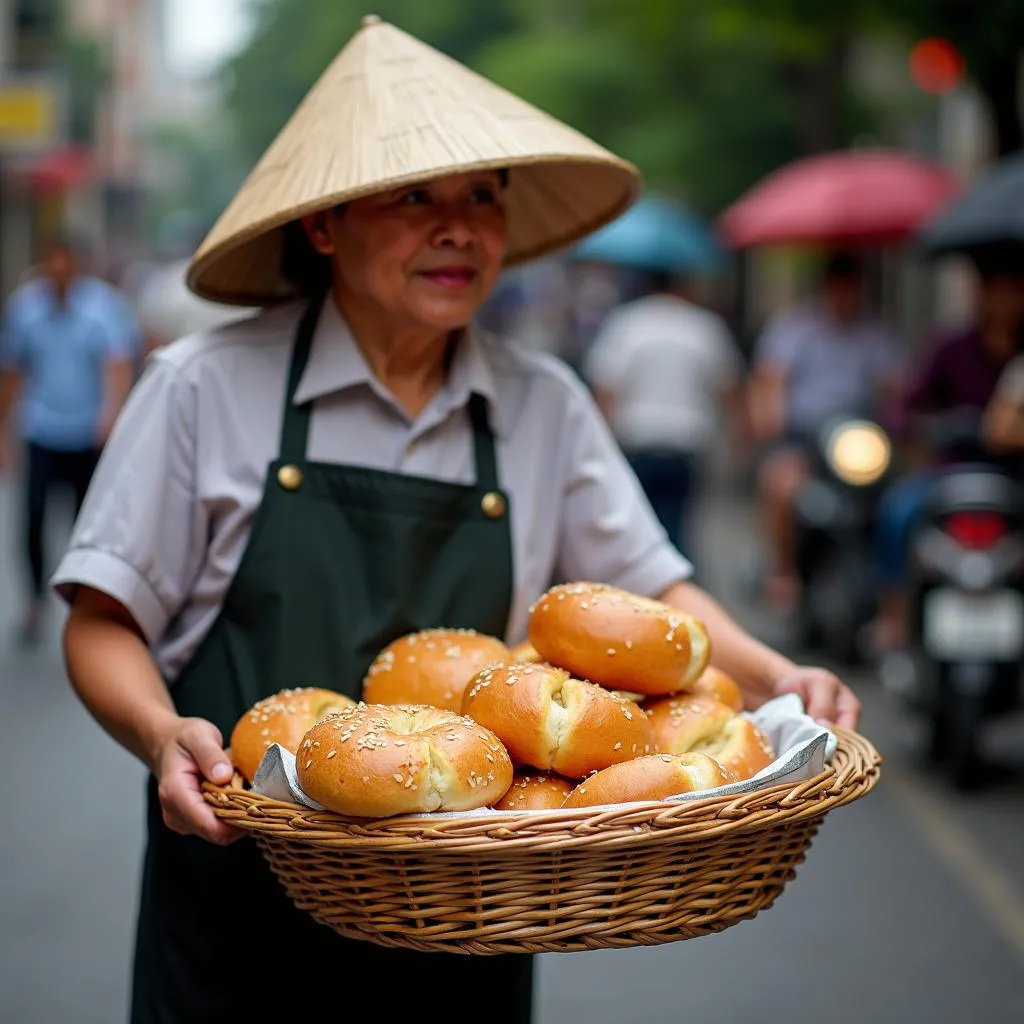 Rổ bánh mì rong trên đường phố Hà Nội