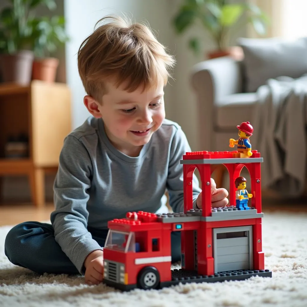 Bé trai vui vẻ chơi đùa cùng bộ đồ chơi Lego cứu hỏa