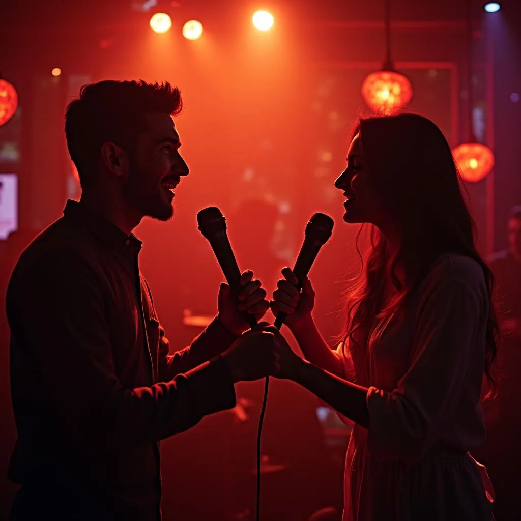 Cặp đôi hát karaoke remix tại quán karaoke ở quận Cầu Giấy, Hà Nội