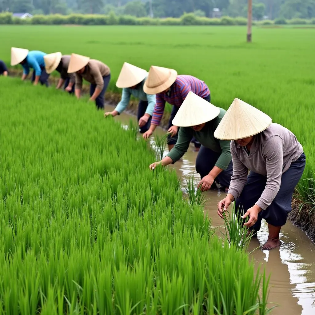 Nông dân cấy lúa bằng tay trên cánh đồng xanh mướt