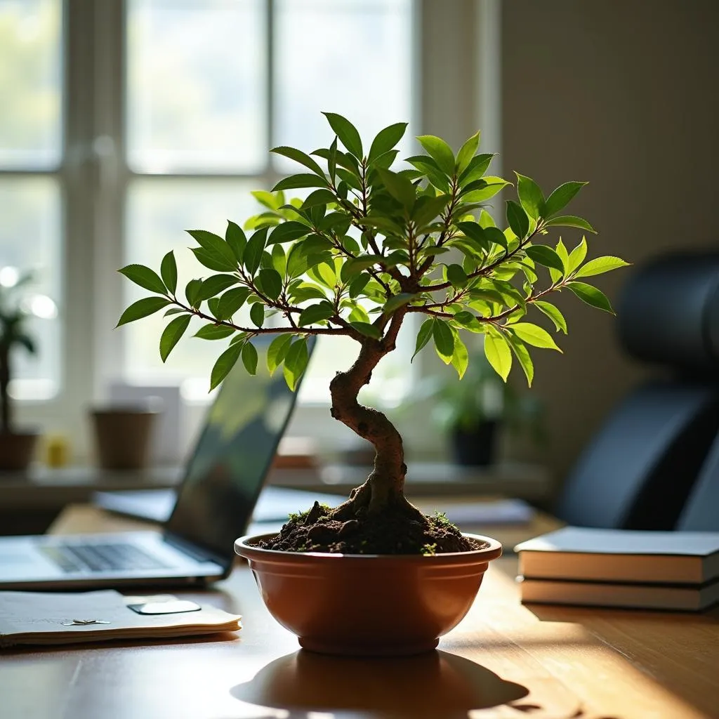 Chậu cây bonsai mini trên bàn làm việc, mang lại năng lượng tích cực và sự thư giãn cho người làm việc