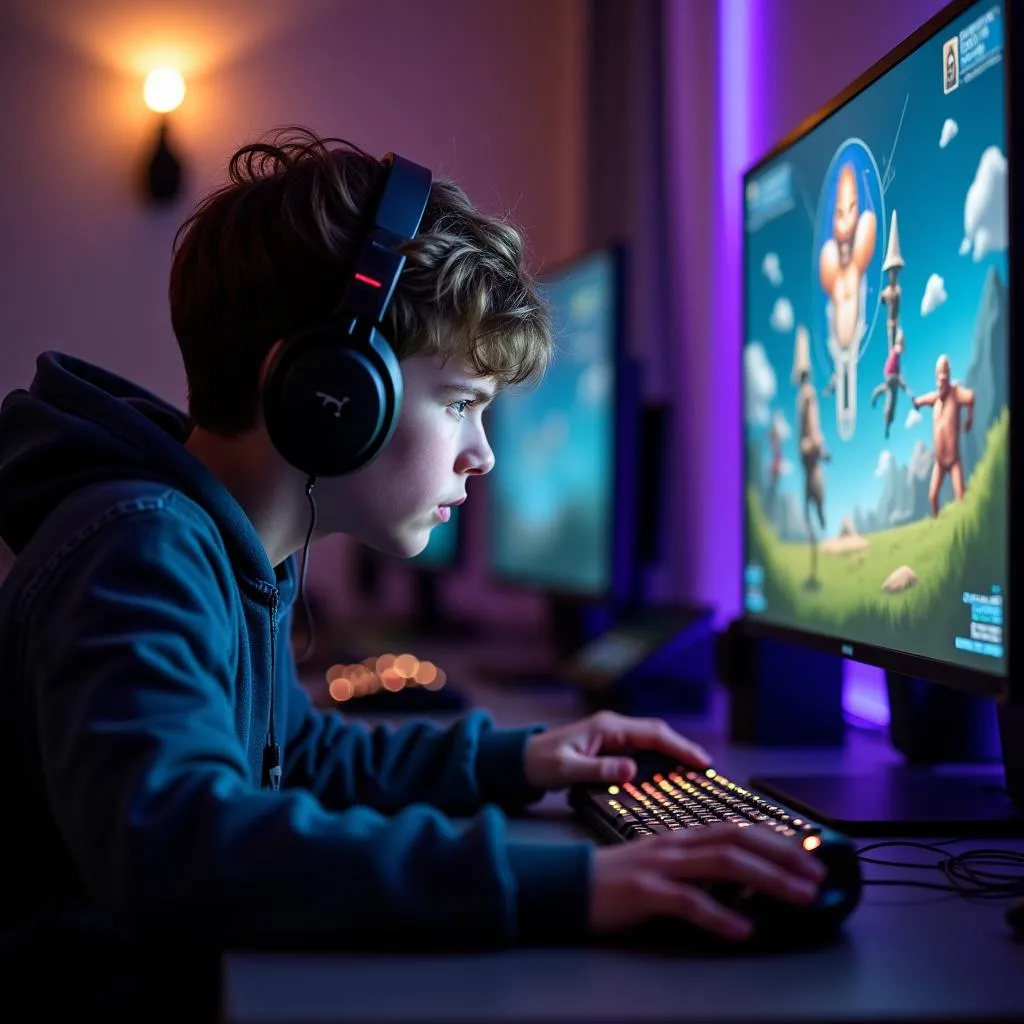 Gamer wearing headphones playing game