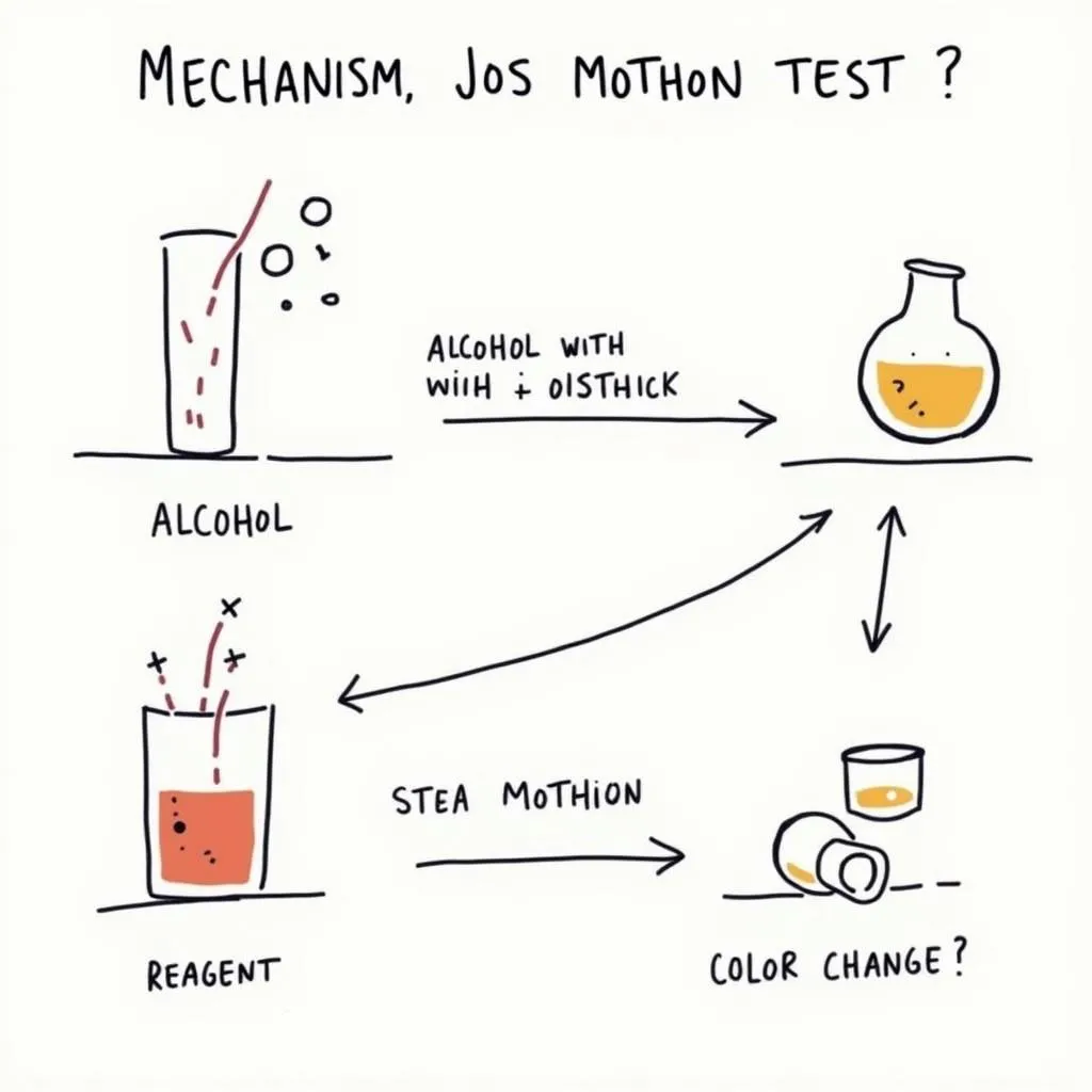 Hình ảnh minh họa cơ chế hoạt động của test kiểm tra methanol: Rượu có methanol + thuốc thử -&gt; đổi màu