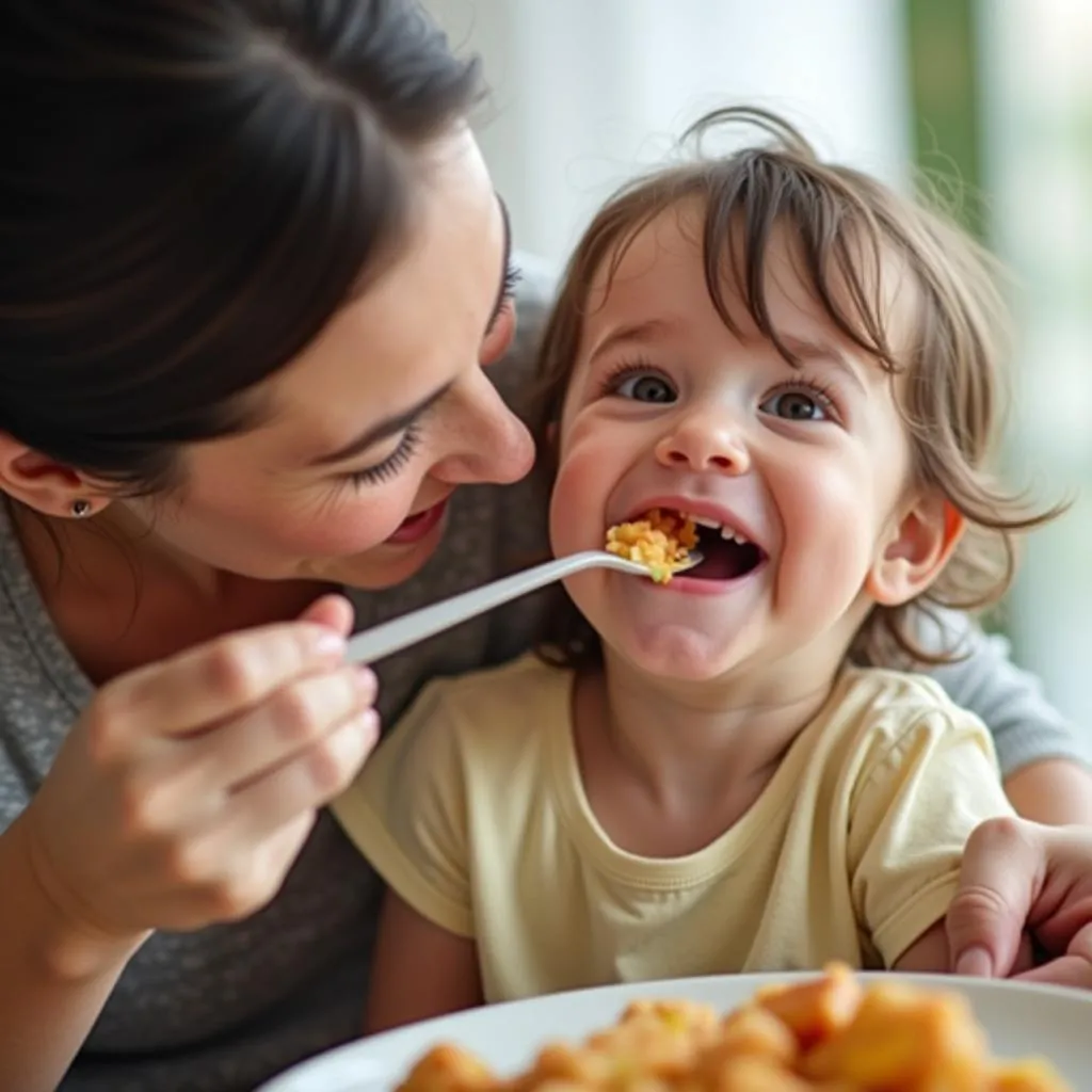 Mẹ và bé ăn cơm ngon miệng