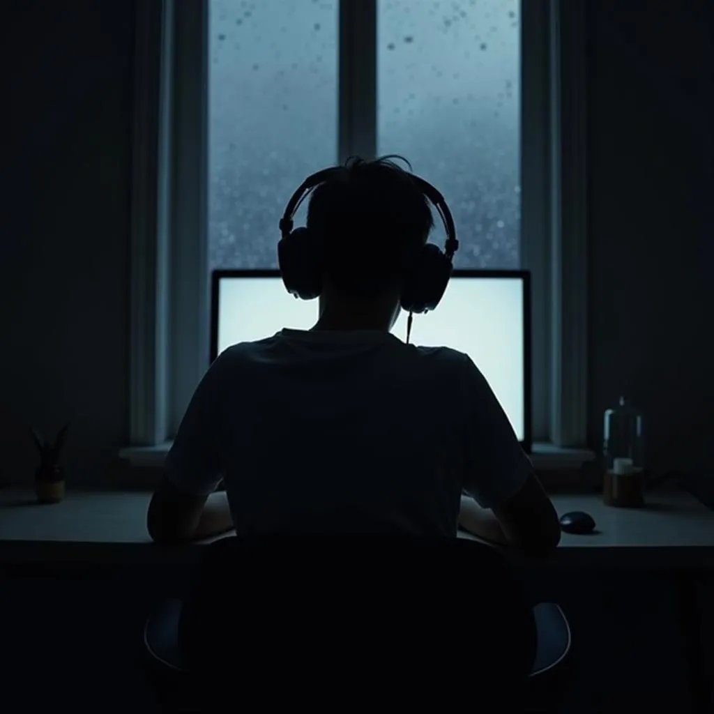 Person listening to melancholic music in a dimly lit room