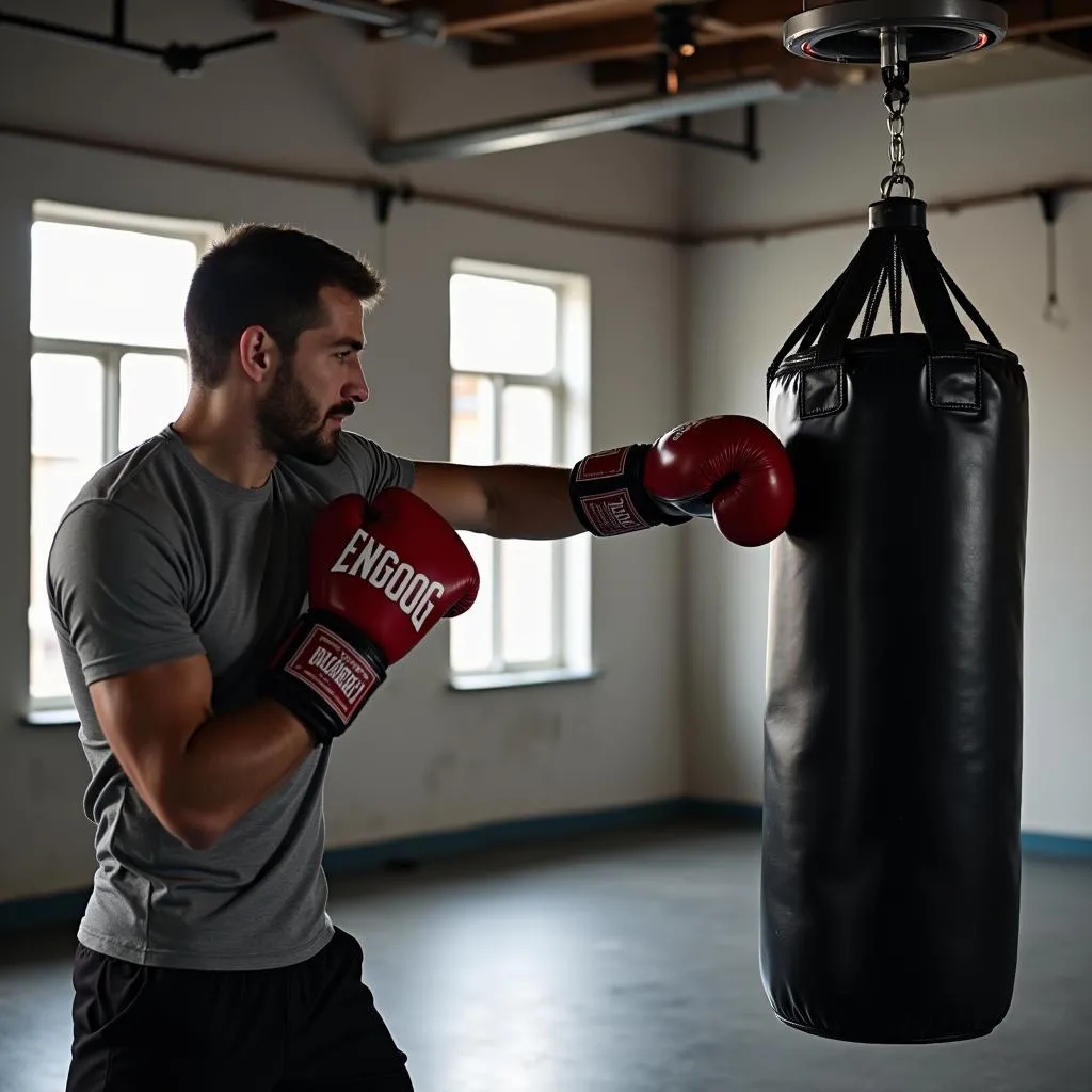 Người đàn ông đang tập luyện boxing với bao cát trên giá treo hình chữ U