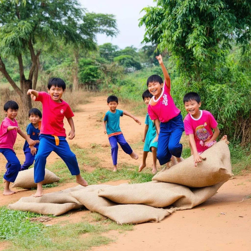 trẻ em vui chơi nhảy bao bố