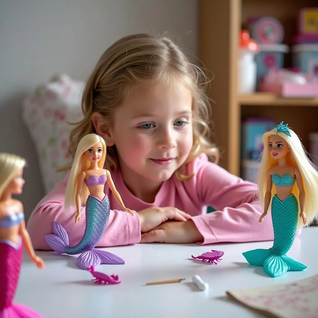 Bé gái chơi đùa với búp bê Barbie nàng tiên cá, tạo nên những câu chuyện đầy sáng tạo