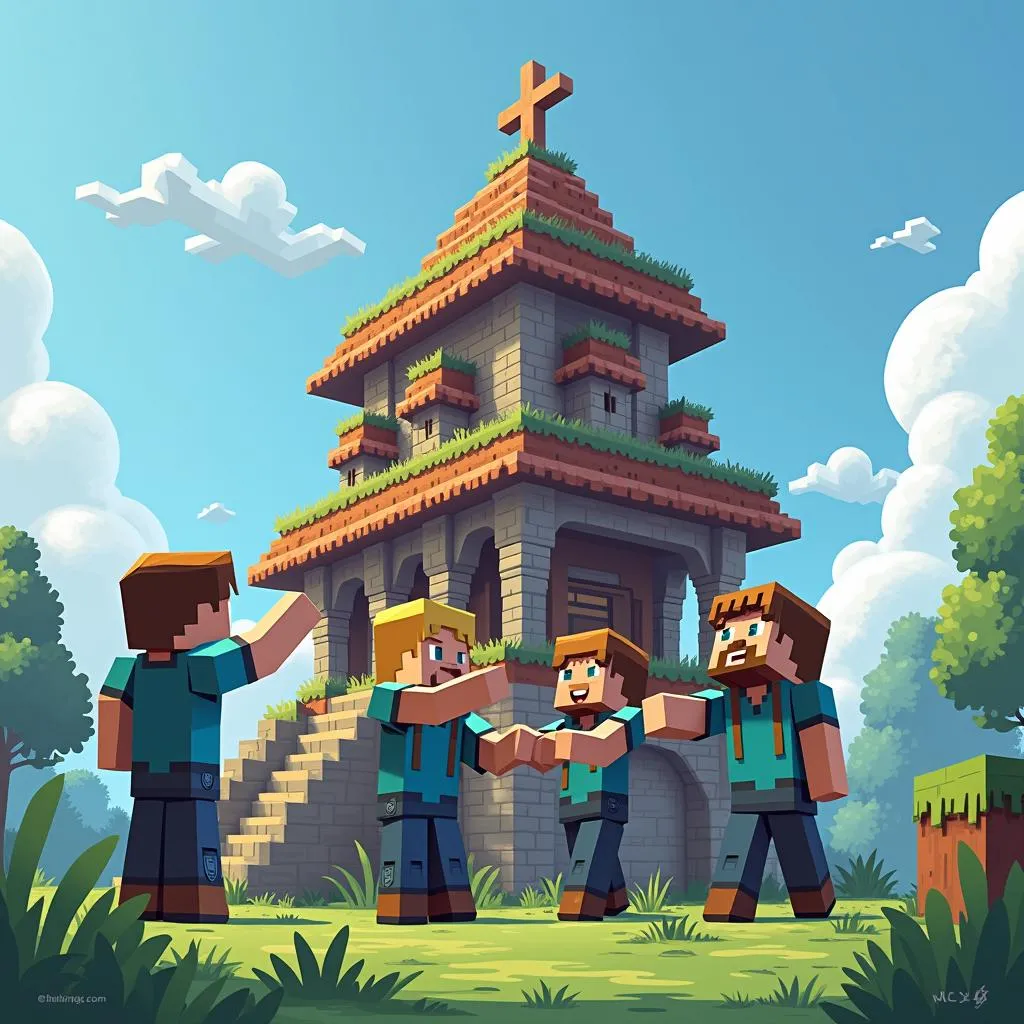 Game thủ cùng nhau xây dựng công trình trong Minecraft