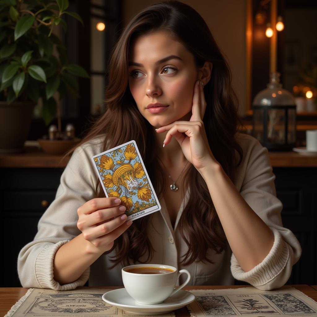 Hình ảnh một người phụ nữ đang xem lá bài tarot