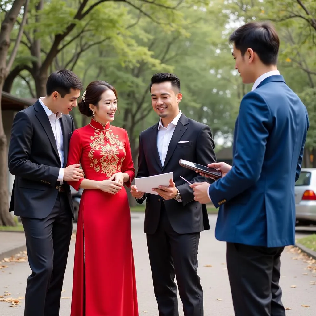 Cô dâu chú rể trao đổi cùng ekip chụp ảnh pre-wedding