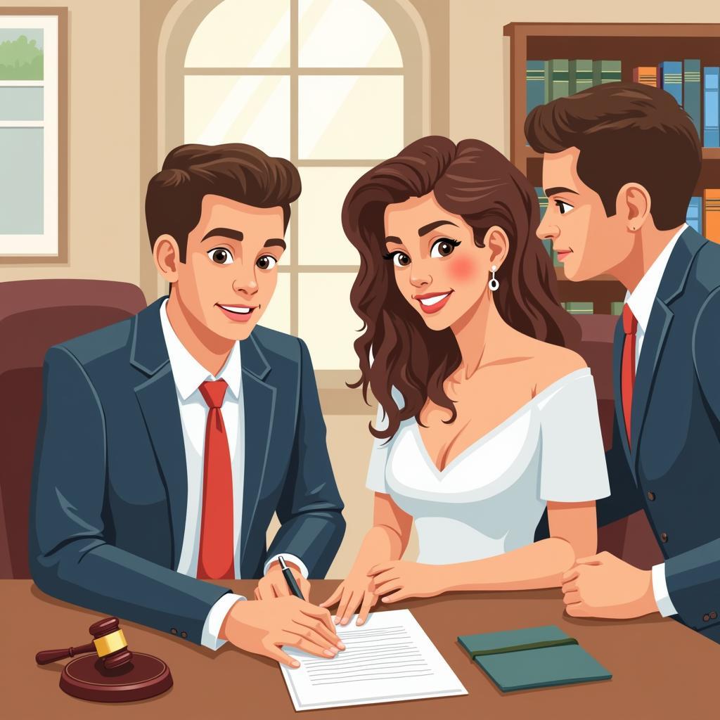 Illustration of a couple signing a marriage certificate with a lawyer present