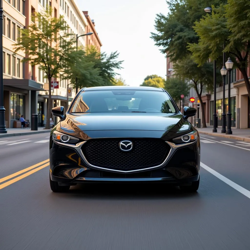 Hình ảnh Mazda 3 màu đen bóng loáng trên phố