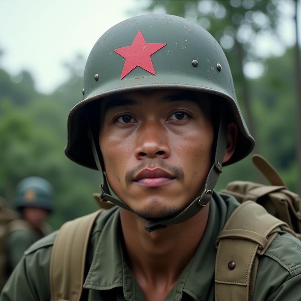 A soldier wearing a Vietnamese army helmet, standing tall and proud.