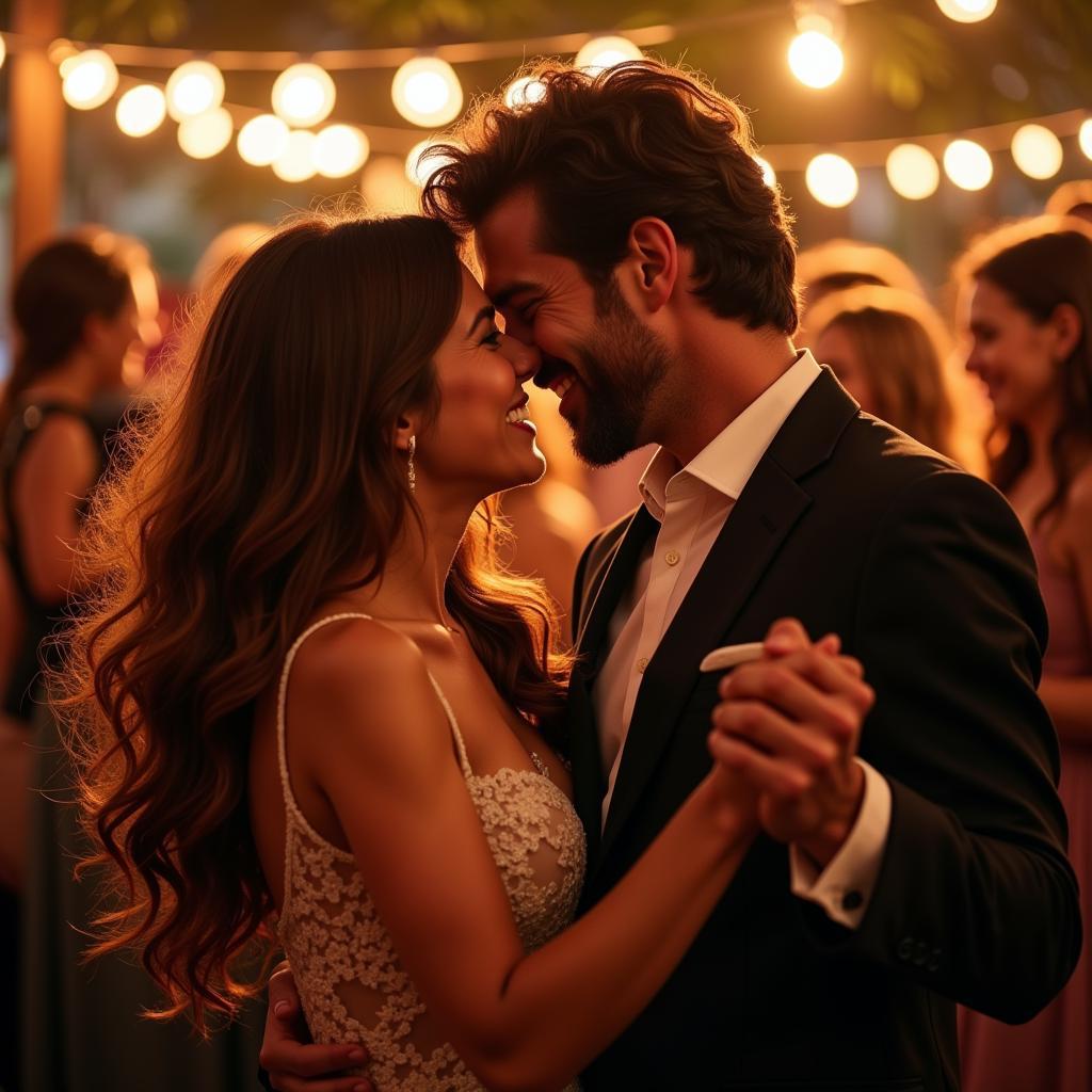 A couple dancing at a party, looking happy and carefree