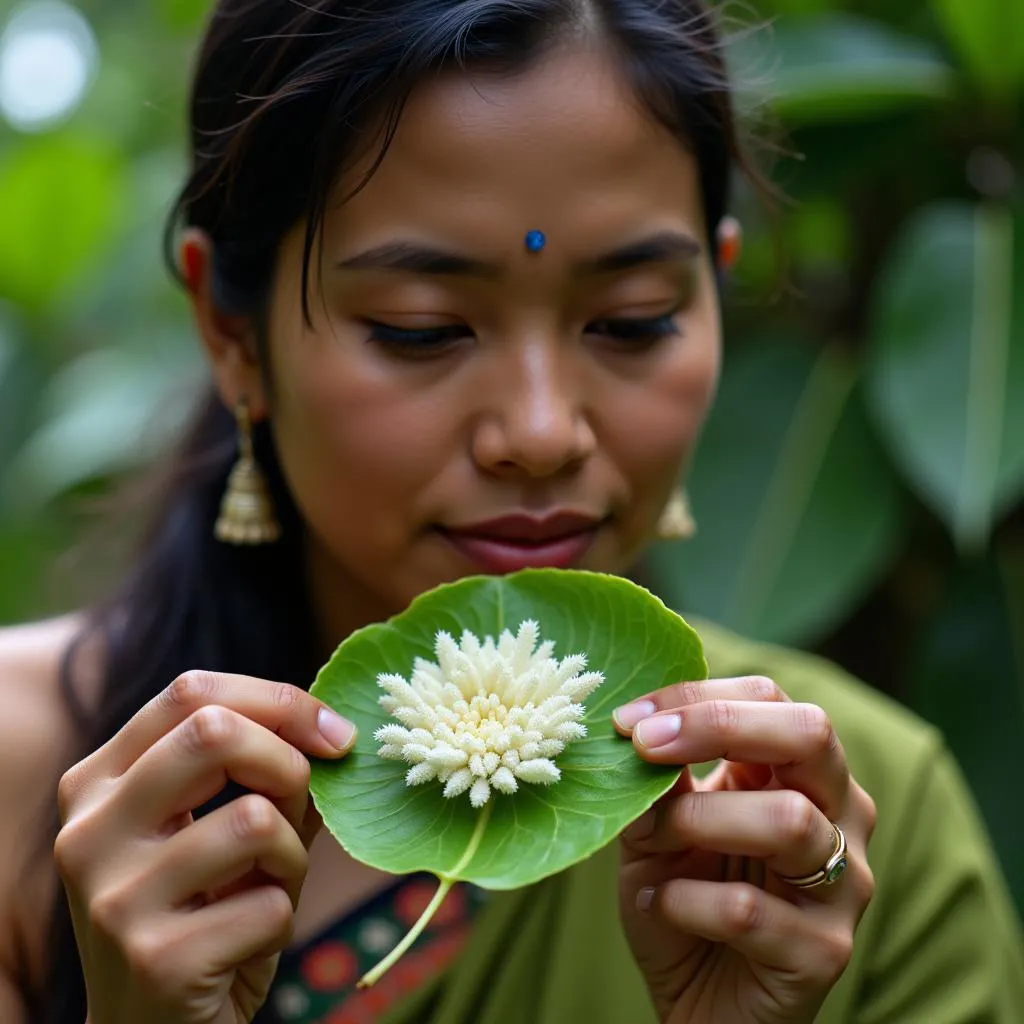 Người phụ nữ châu Á quan sát hoa ưu đàm đá