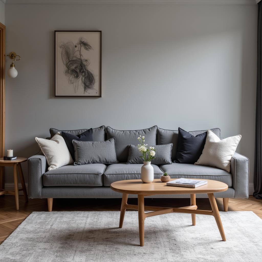 A modern living room with gray sofas, a gray coffee table, and gray curtains. The walls are white, and there are some plants in the room. 