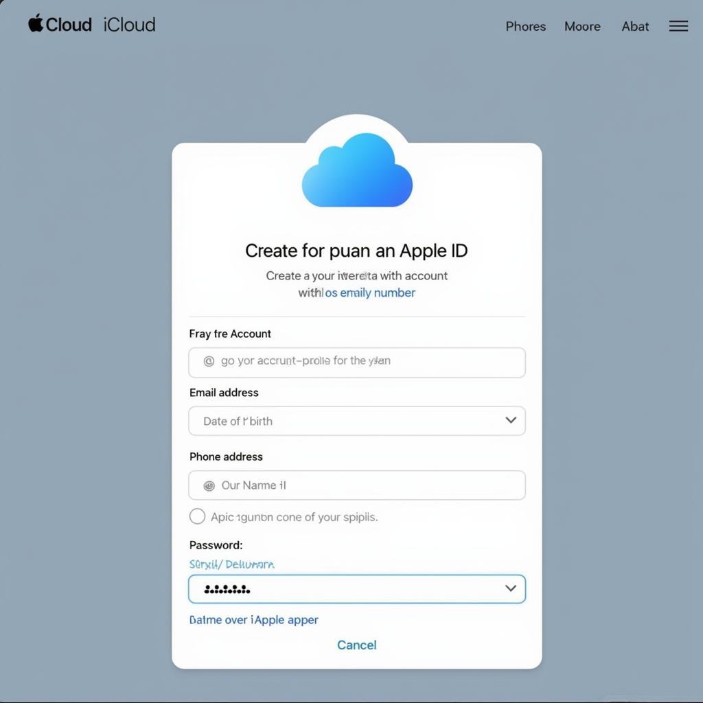 Giao diện tạo tài khoản iCloud trên máy tính