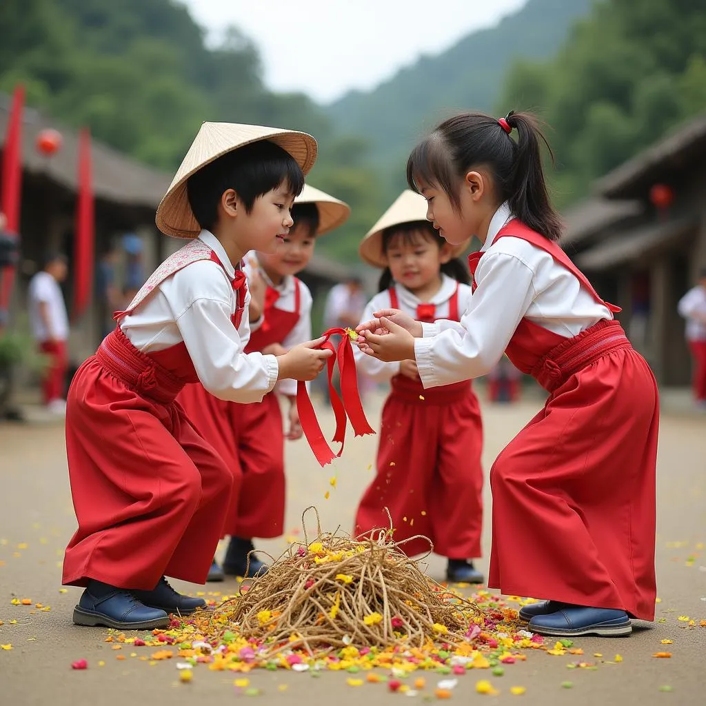 Trẻ em chơi tranh bế rùa tay tại hội làng