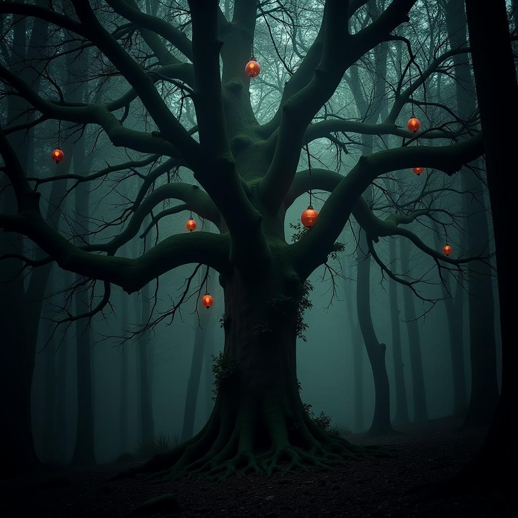 A photo of a mysterious tree with strange fruits, taken in a dark forest. The image emphasizes the mysterious and magical aspect of the tree, with dark shadows and an eerie atmosphere.