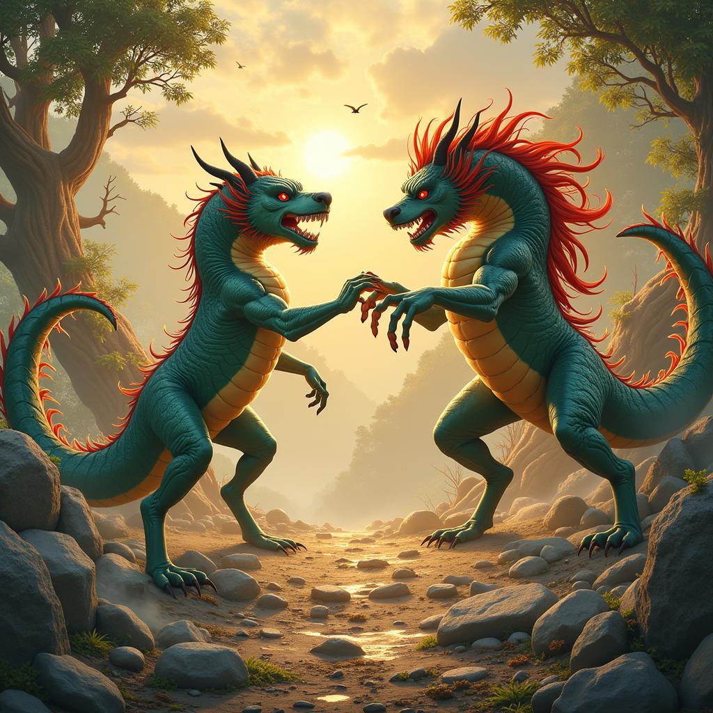 Sơn Tinh and Thủy Tinh, battling each other, representing the enduring struggle between humanity and nature