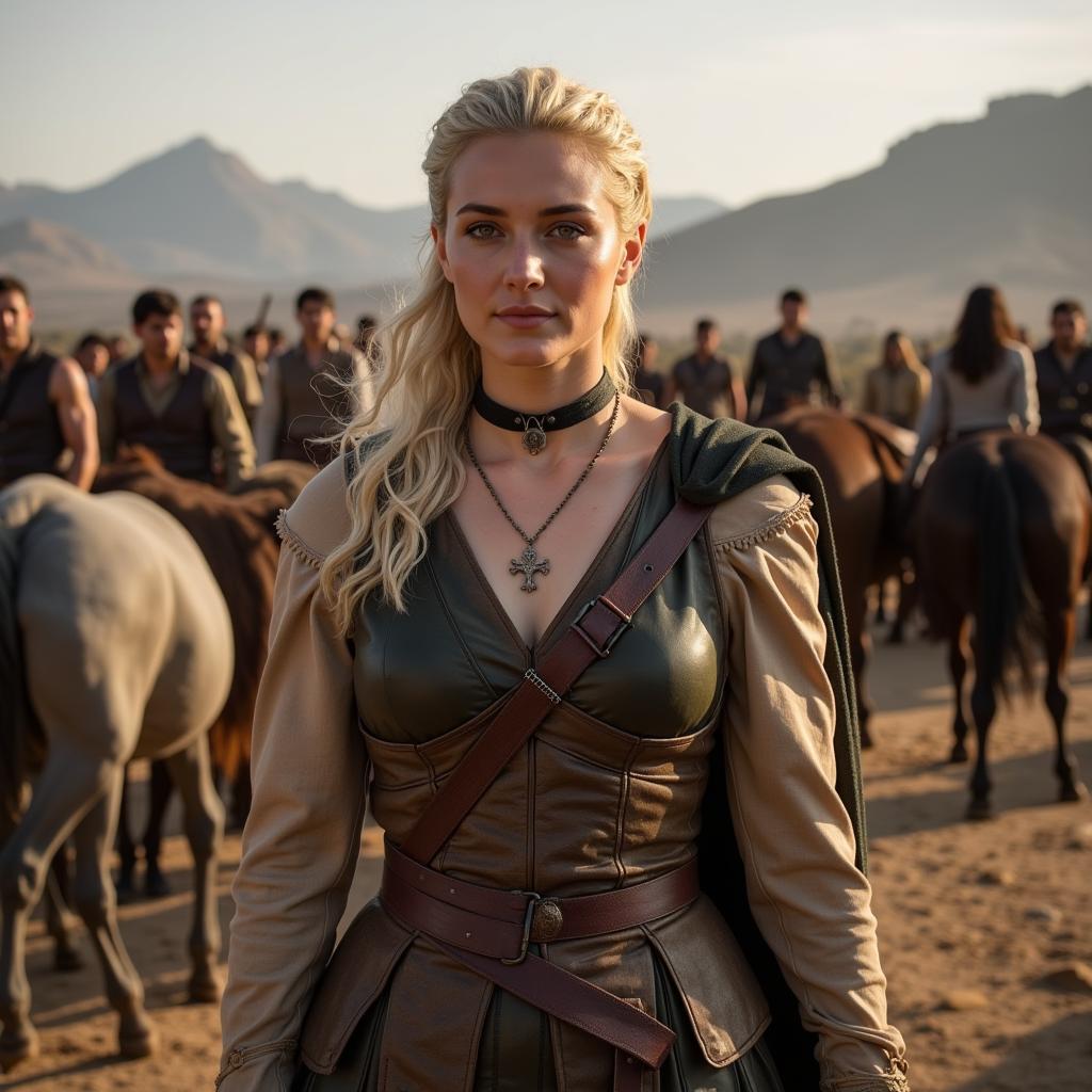 Daenerys Targaryen trong tập 1 mùa 3 của Trò Chơi Vương Quyền, với phong thái kiêu hãnh và quyết tâm khôi phục vương triều Targaryen