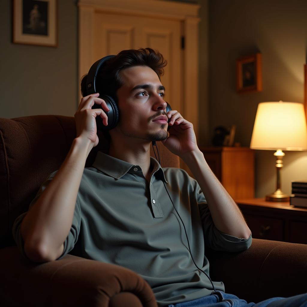 A man listening to music with headphones, looking thoughtful and introspective