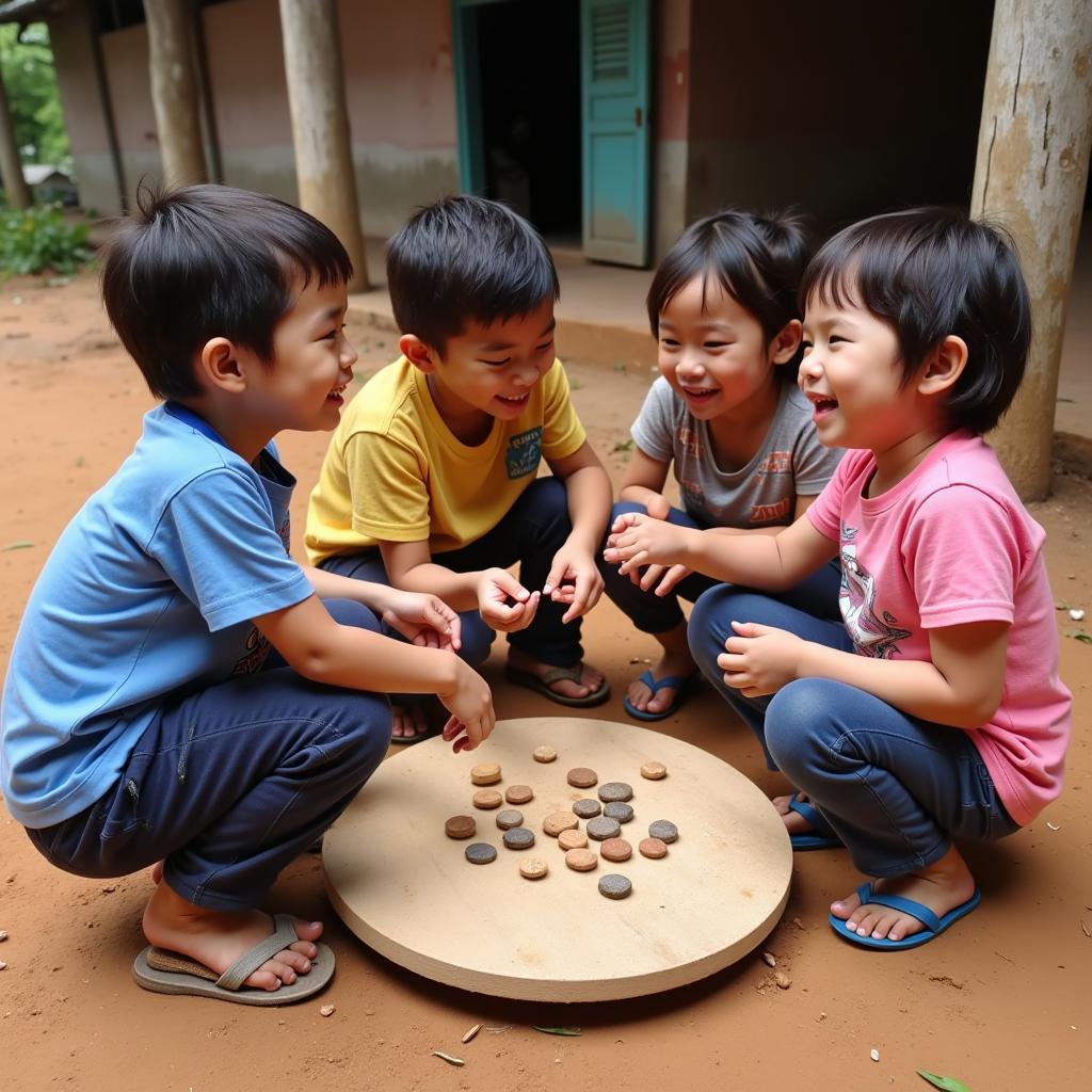 Tranh vẽ trò chơi dân gian chơi chuyền