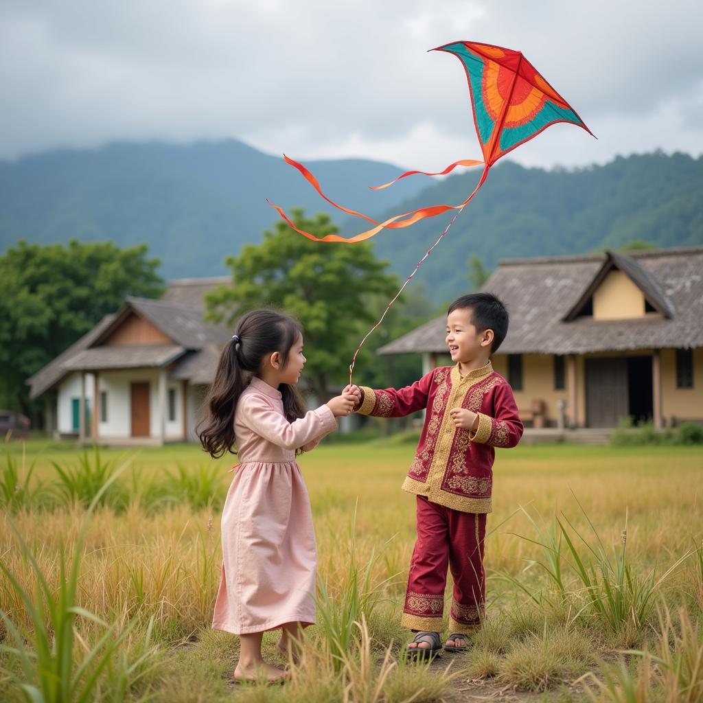 Hình ảnh vẽ tranh trò chơi dân gian thả diều