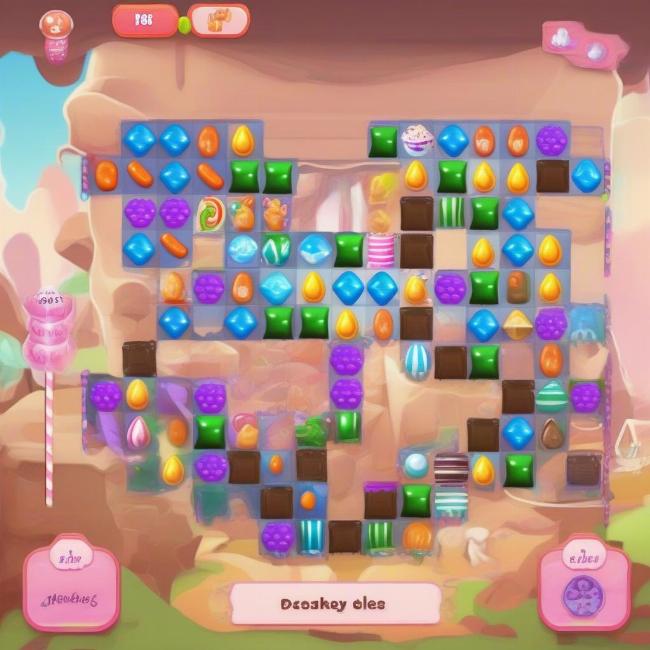 Candy Crush Soda cấp độ khó:  Hình ảnh minh họa một cấp độ khó trong Candy Crush Soda Saga, với nhiều chướng ngại vật và yêu cầu phức tạp.