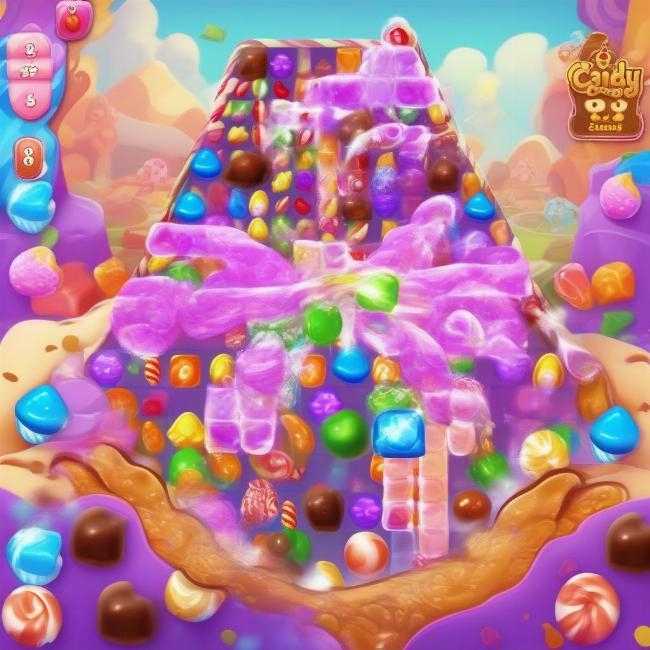 Candy Crush Soda màn hình chơi: Hình ảnh hiển thị giao diện trò chơi Candy Crush Soda Saga với các viên kẹo đầy màu sắc, hiệu ứng sủi bọt và các vật phẩm hỗ trợ.