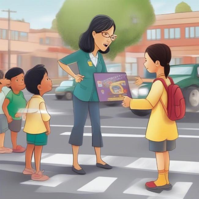 Cô giáo đang dạy trẻ mầm non về an toàn giao thông thông qua hình ảnh minh họa và trò chơi