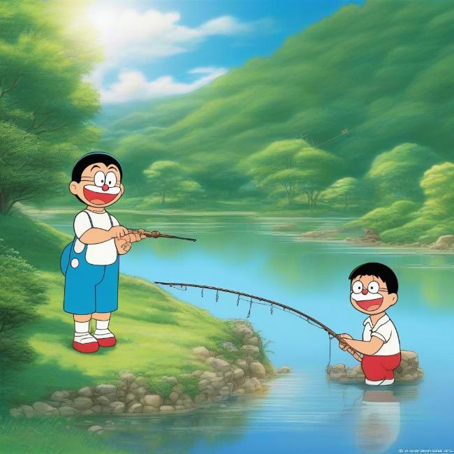 Doraemon và Nobita câu cá bên bờ sông