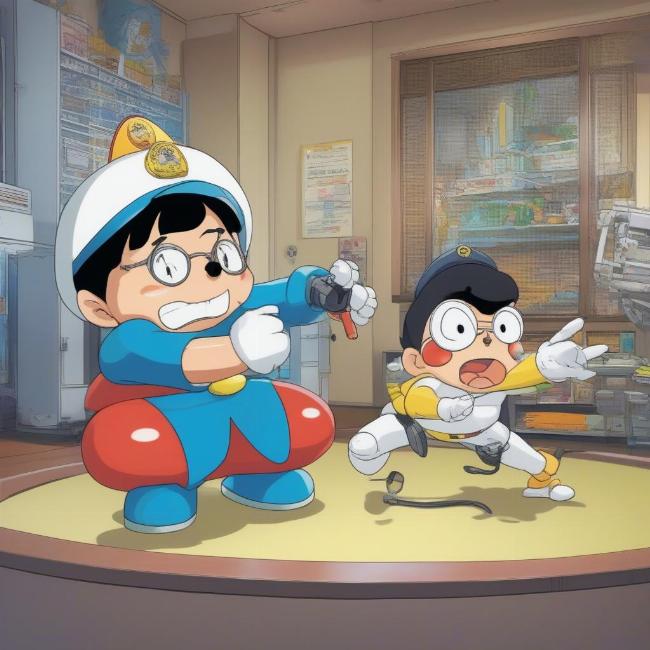 Doremon và Nobita chơi trò cảnh sát với bảo bối