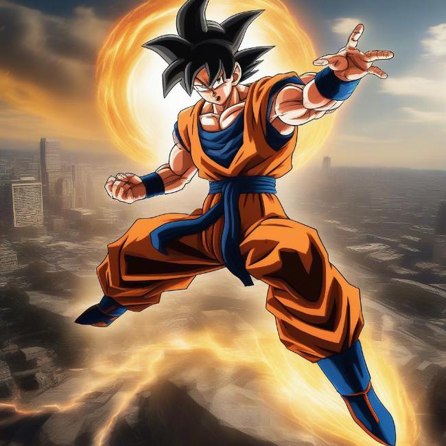 Trò chơi Goku đại chiến trên điện thoại: Hình ảnh Goku đang tung chiêu Kamehameha trong một trận chiến khốc liệt.