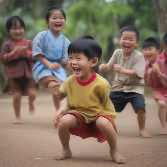 Hình ảnh trẻ em vui vẻ chơi các trò chơi dân gian truyền thống
