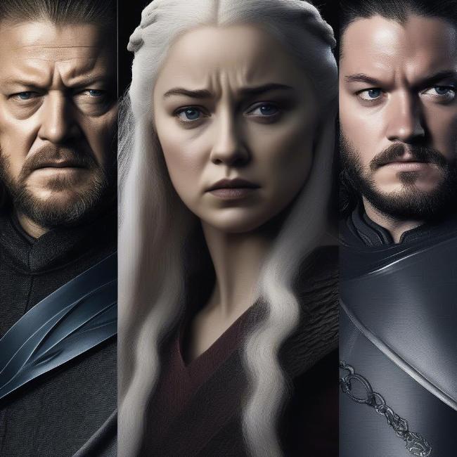 Các nhân vật chính trong trò chơi vương quyền truyện: Hình ảnh minh họa các nhân vật chính như Ned Stark, Daenerys Targaryen, Jon Snow
