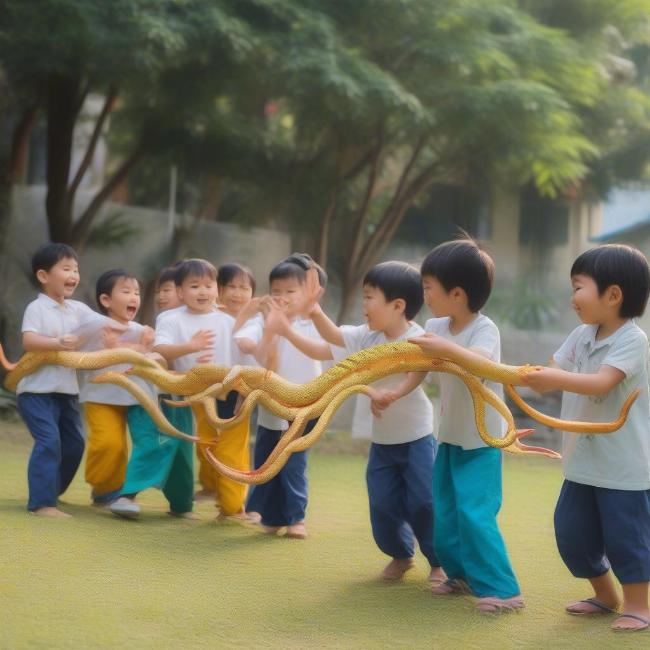 Trẻ em chơi rồng rắn lên mây, một trò chơi dân gian vui nhộn