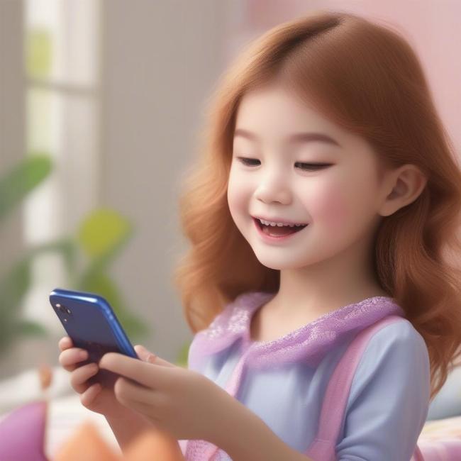 Bé gái chơi game trang điểm búp bê trên điện thoại