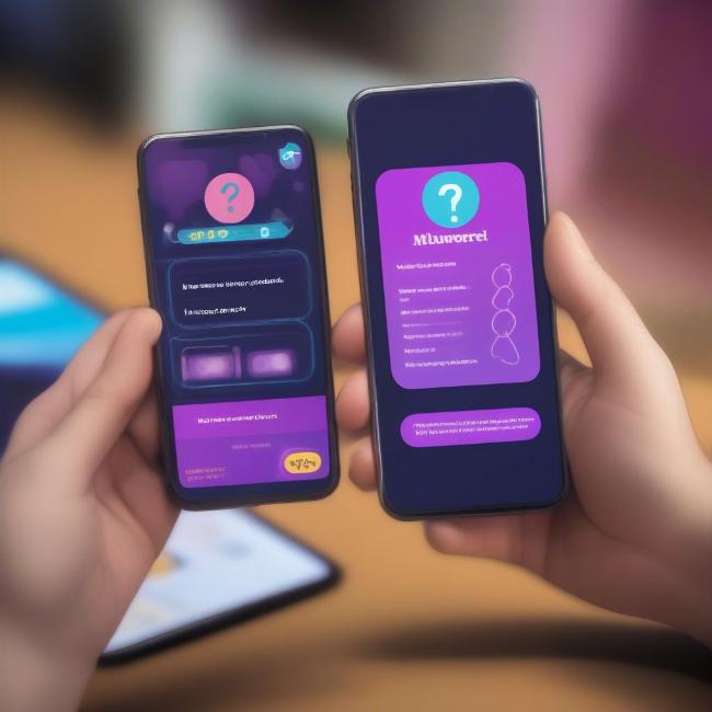 Hình ảnh minh họa người chơi đang chơi game trắc nghiệm trên điện thoại di động, giao diện game trắc nghiệm trên màn hình điện thoại